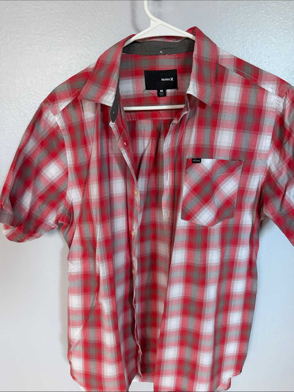 Hurley Red and White Plaid Short-Sleeve Button-Down Shirt
